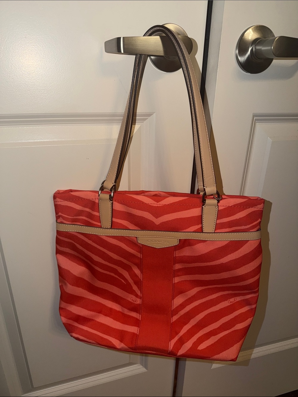 COACH Orange Red Zebra-Print Tote Bag with Tan Straps